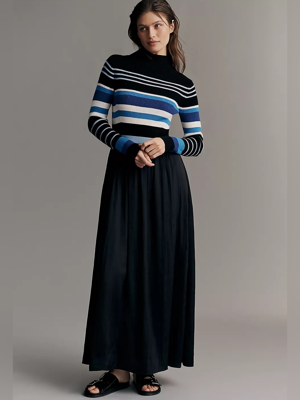 NWT Anthropologie Thea Long-Sleeve Twofer Maxi Dress Striped Blue Black White L